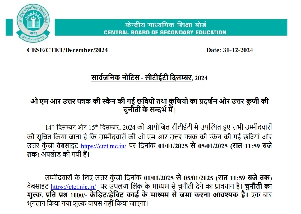 CTET Answer Key December 2024 PDF Download Link